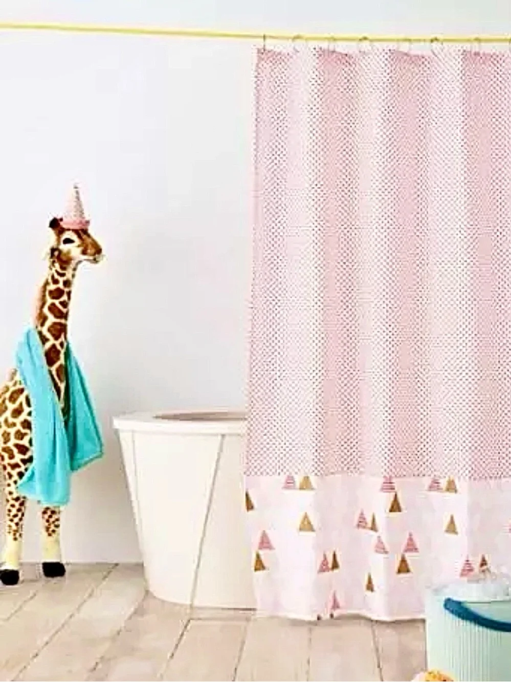 Pillowfort Washable Fabric Shower Curtain 72x72 Kid’s Triangles And Pink Spots
